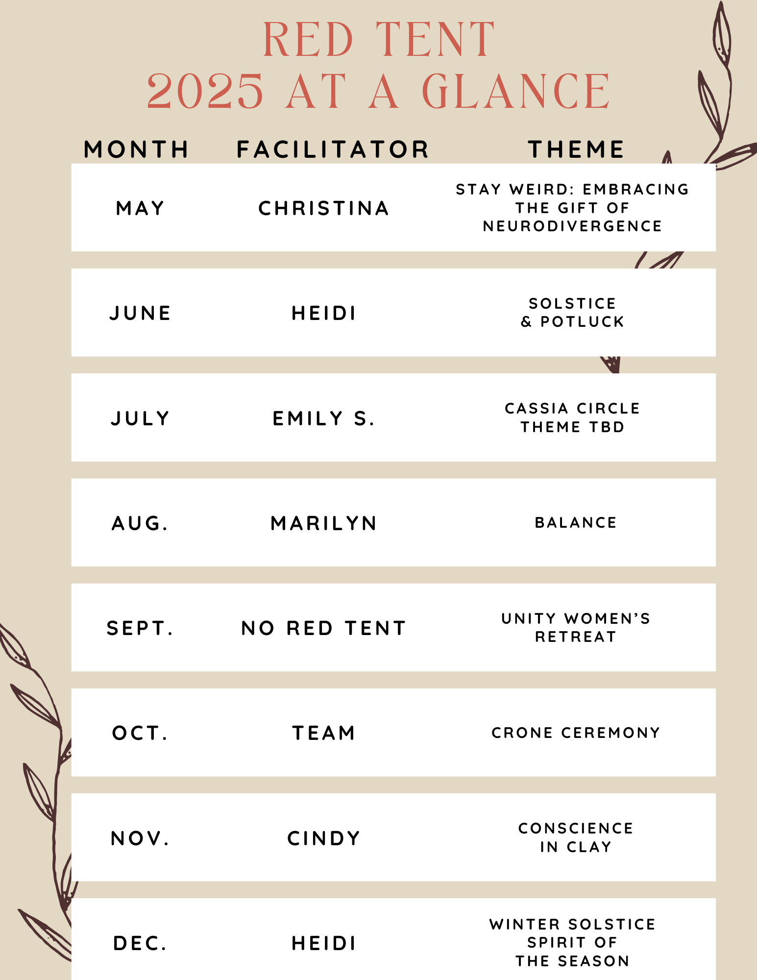 Red Tent Year at a glance flyer